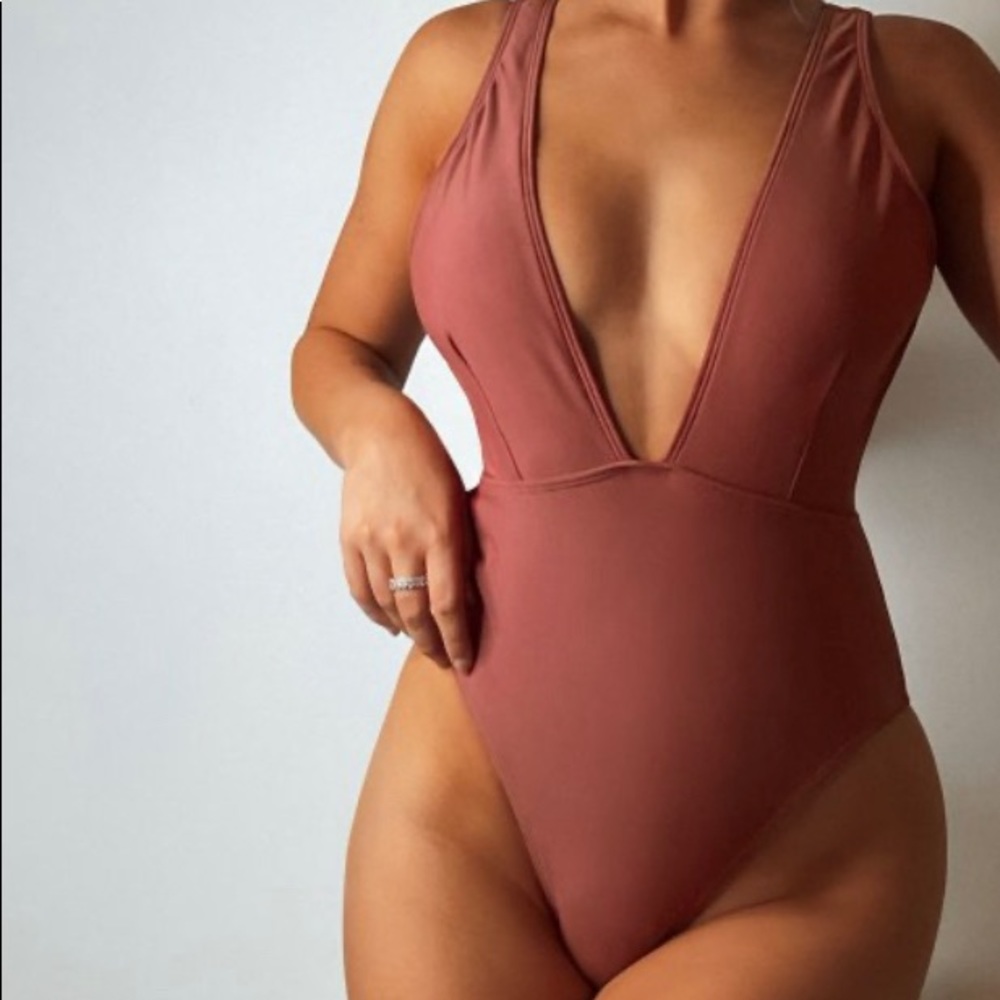 One Piece Plunge Neck Swimsuit